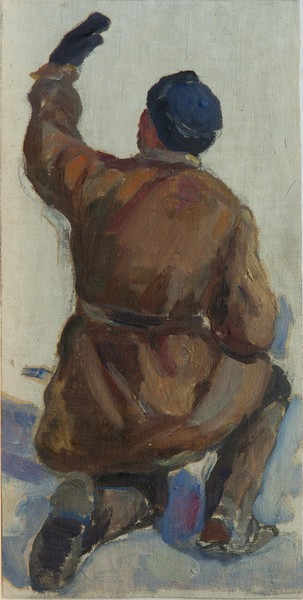 Этюд Фигура мужчины, стоящего на левом колене с поднятой левой рукой.