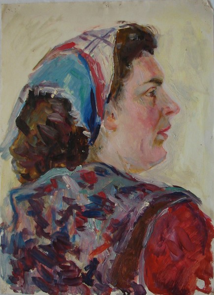 Портрет женщины в цветастом платье и косынке.